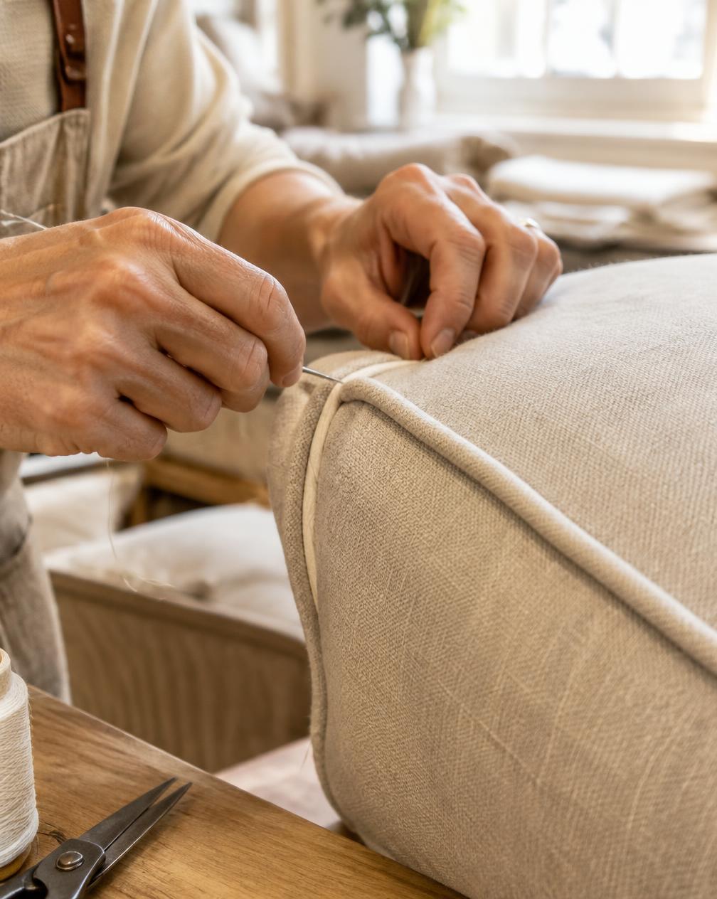 Upholsterer hand-stitching a piped linen seam