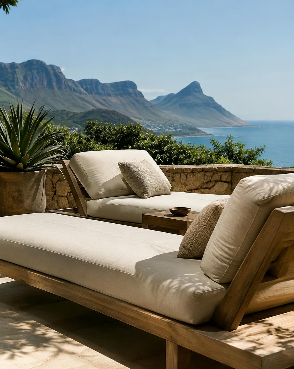 Cushioned outdoor loungers on a Cape Town terrace